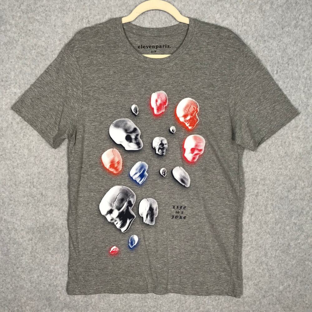 Elevenparis Shirt Mens Small‎ Gray Skulls Heads Graphic Life is a Joke Grunge